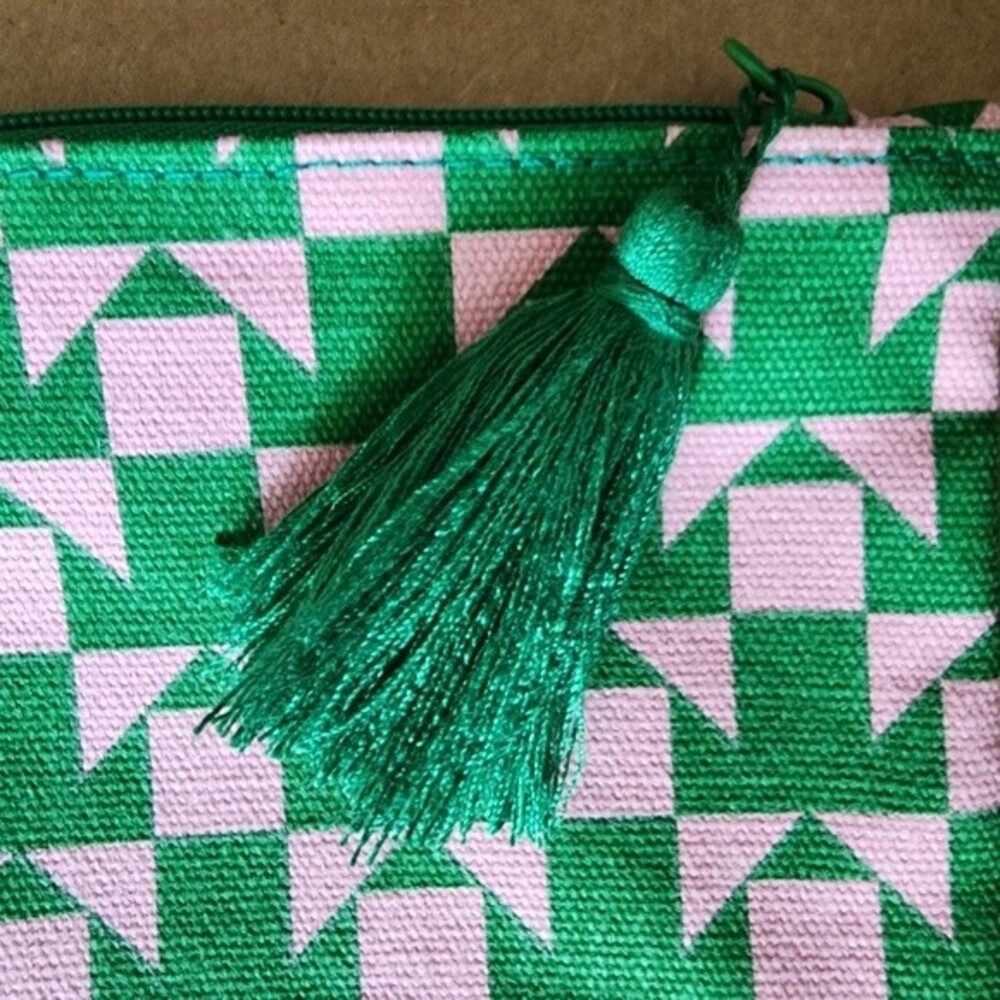 Ipsy Tassel Pouch Zippered Cosmetic Bag Geometric Green & Soft Pink Toiletries - Picture 2 of 10